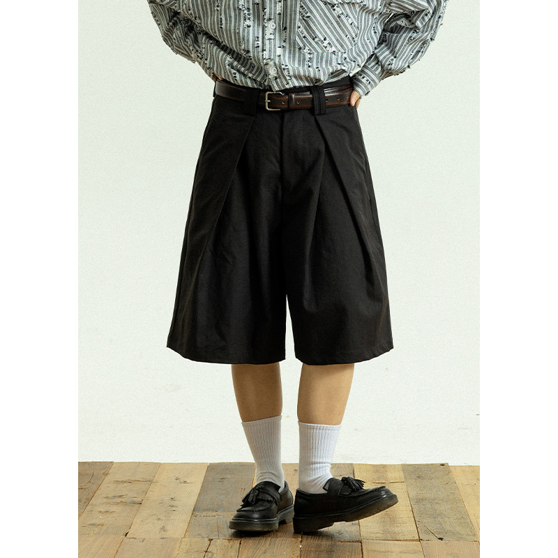 GoodNorth纯色褶皱短裤男女款夏季复古百搭休闲裤宽松休闲五分裤
