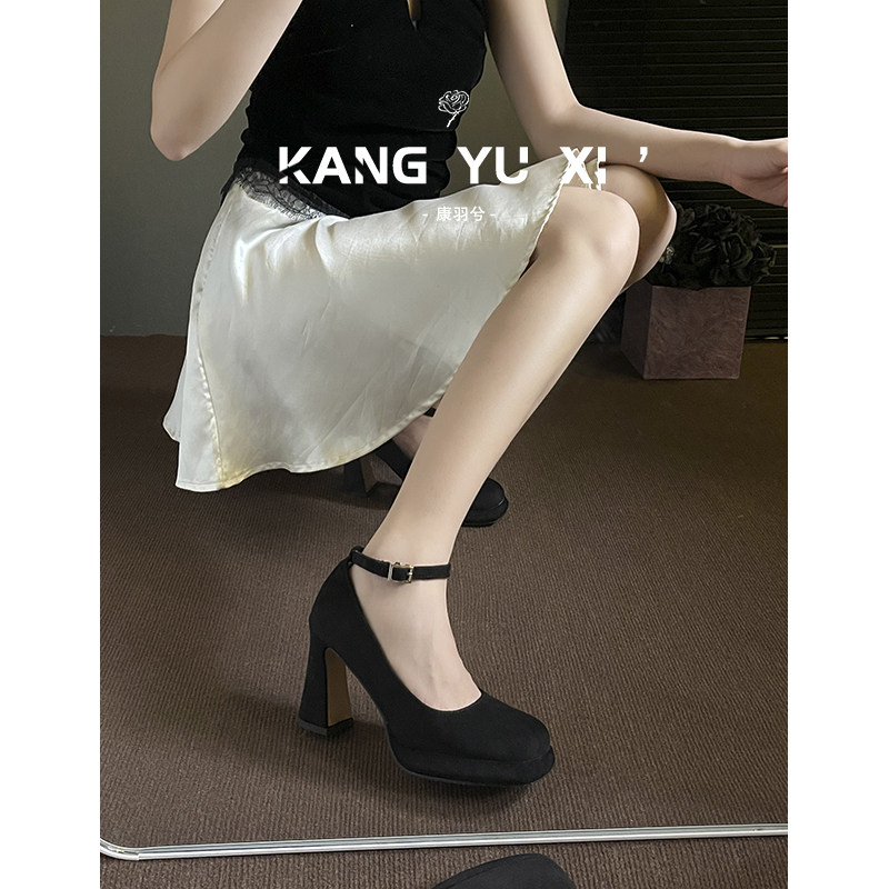 康羽兮丨黑色方头高跟鞋女粗跟图片