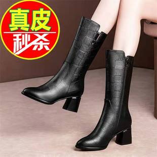 品牌真皮马丁靴女英伦皮靴2025新款粗跟中筒靴冬季加绒雪地靴短靴