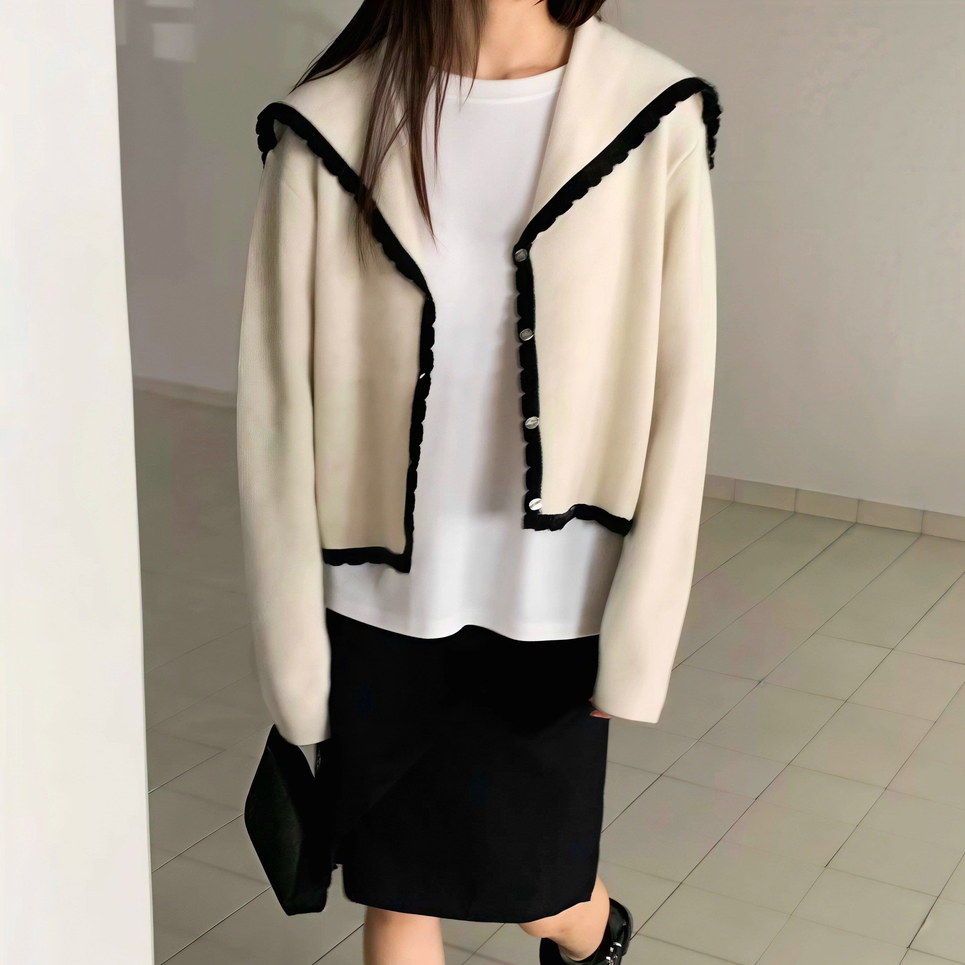 ASOME韩国东大门25秋冬新款翻领韩系短款拼色系扣时髦毛衣开衫