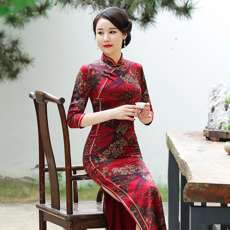 旗袍连衣裙秋冬新款日常修身改良长款长袖旗袍裙真丝桑蚕丝中老年