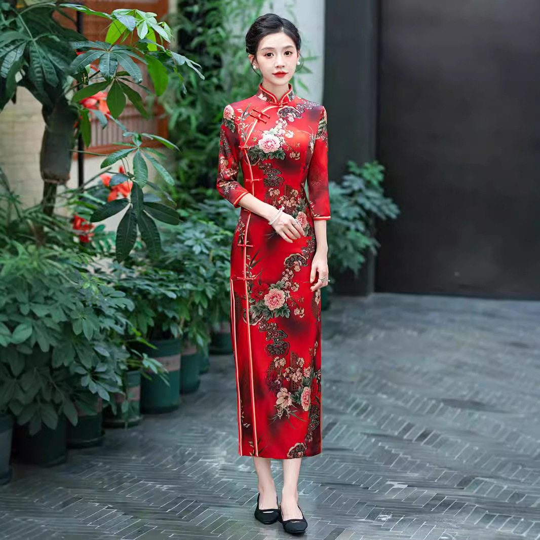 2026款真丝桑蚕丝长款典雅国风气质连衣裙九分袖大码旗袍日常宴会