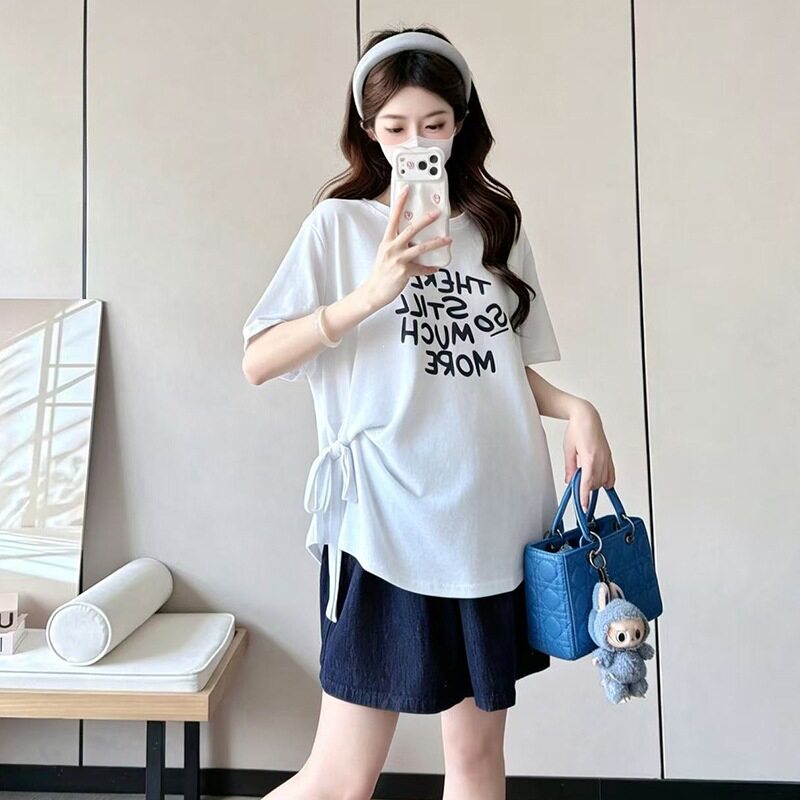 孕妇装上衣显瘦夏季大码设计感百搭字母印花绑带收腰正肩短袖T恤