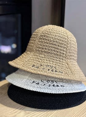 韩版新款可折叠大帽檐字母草帽女沙滩度假风遮阳防晒草编渔夫帽子