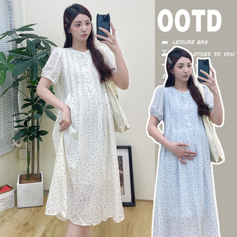 雪美芙孕妇连衣裙2024夏季薄款法式气质波点宽松遮孕肚可哺乳裙
