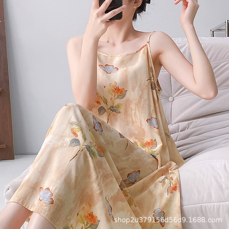 棉绸睡裙女夏天印花薄人造棉吊带长裙可外穿海边度假高级感连衣裙
