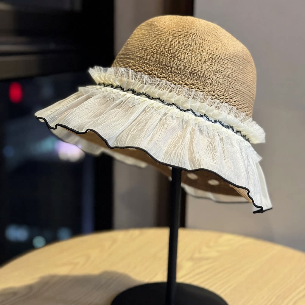 韩版日系网纱珍珠渔夫帽子女夏季镂空透气百搭显脸小盆帽出游遮阳