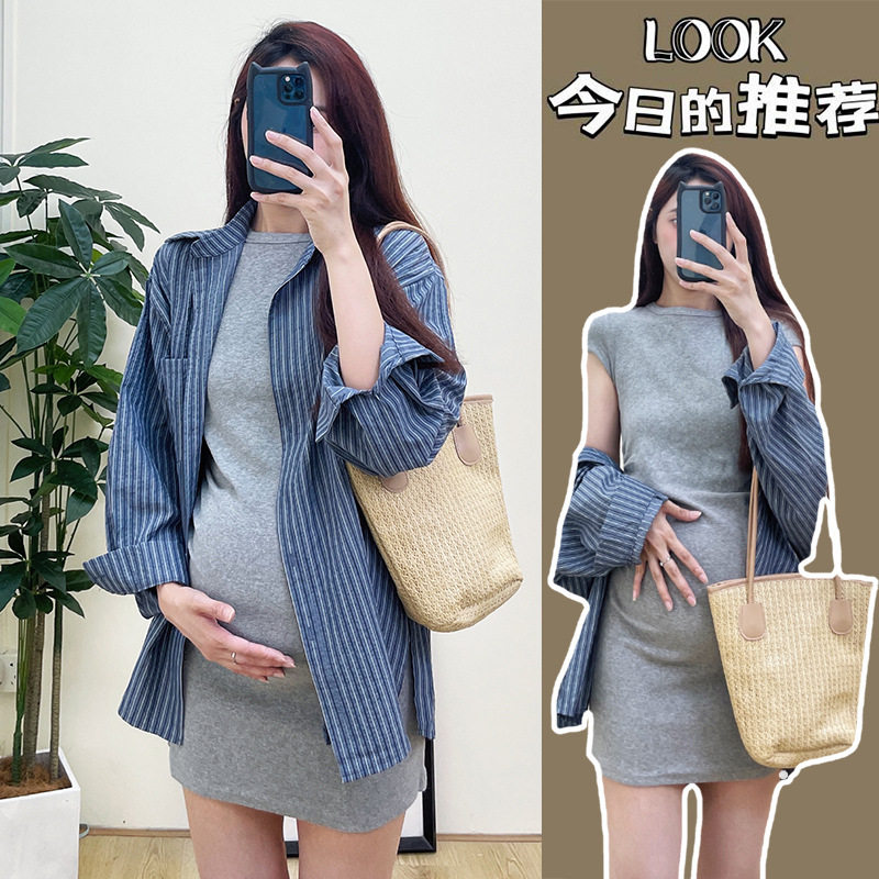 小个子孕妇裙2024夏季新款时尚辣妈褶皱收腰显瘦连衣裙+条纹衬衫