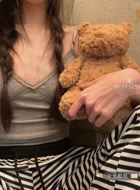 灰色蕾丝小吊带背心女美式黑色秋冬内搭带胸垫白色打底衫纯欲上衣