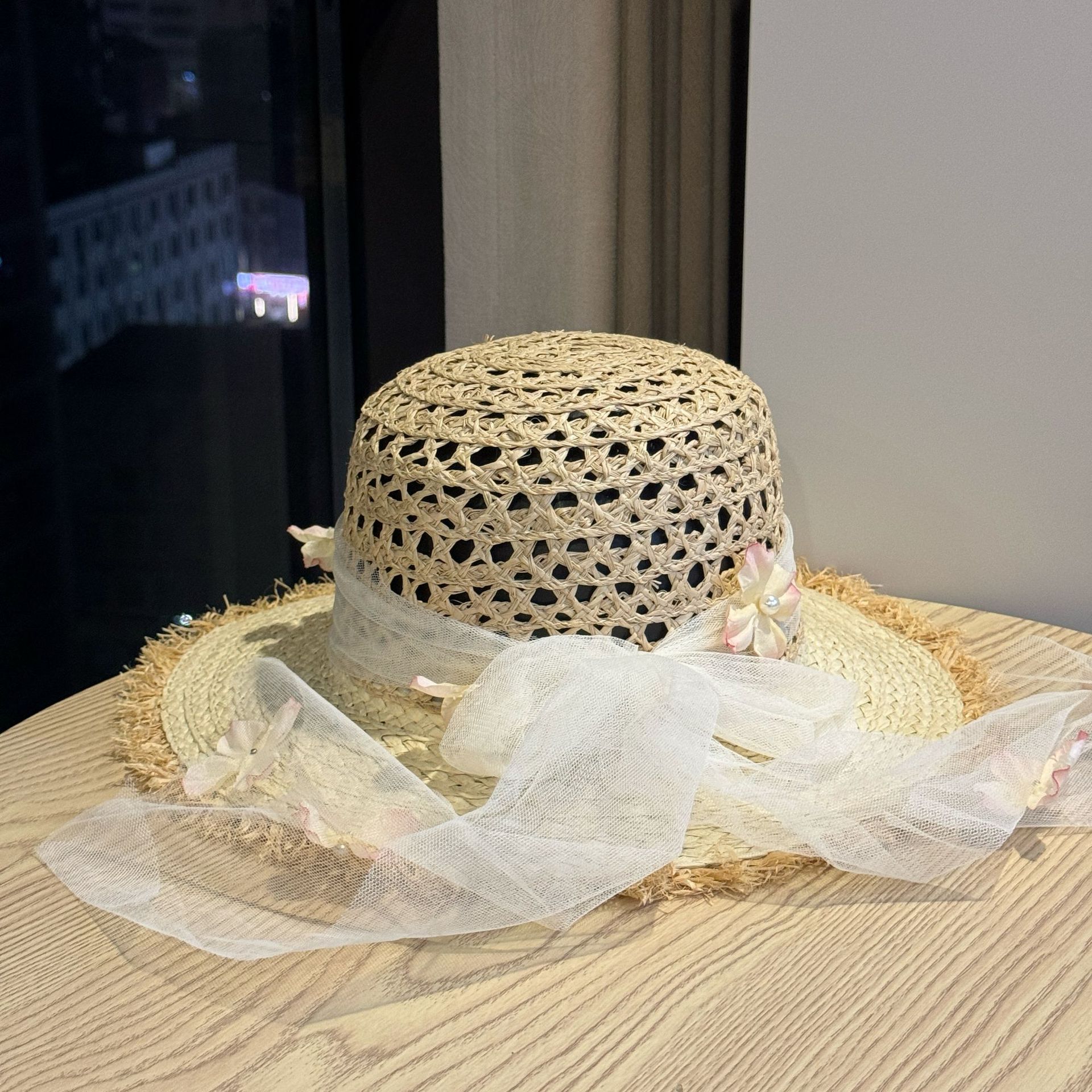 韩版花朵拉菲草帽女夏季度假风大檐遮阳防晒帽出游百搭花朵沙滩帽