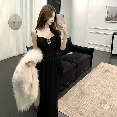 新款清甜网纱长款裙子修身显吊带打底无袖包臀连衣裙