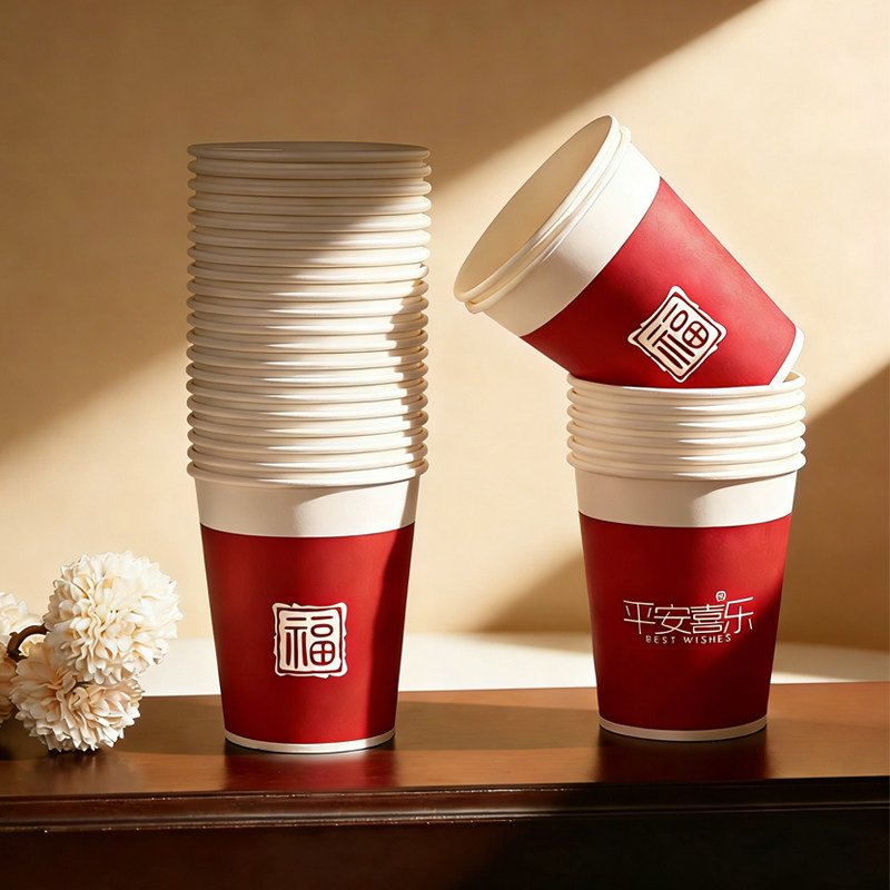 一次性杯子家用加厚食品级纸杯2026新款高级感乔迁红色喜庆饮水杯