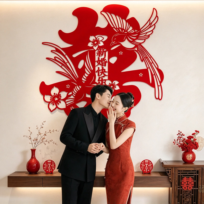 超大喜字贴结婚专用婚房布置植绒无纺布囍字帖婚礼装饰背景墙拍照