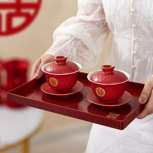 结婚改口敬茶杯套装一对对碗筷红色喜碗陪嫁新人婚礼敬酒杯子茶具