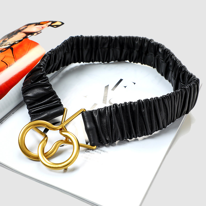 羊皮五金环扣真皮腰带柔软皱褶弹性百搭腰封女