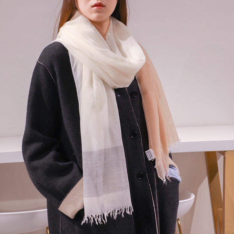 owooL 空调房披肩 优雅大格子金丝条纹超薄100%山羊绒围巾