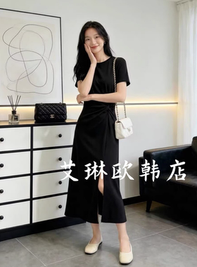 5.14~6605夏装新款欧货设计感扭结收腰下摆开叉短袖连衣裙T恤裙