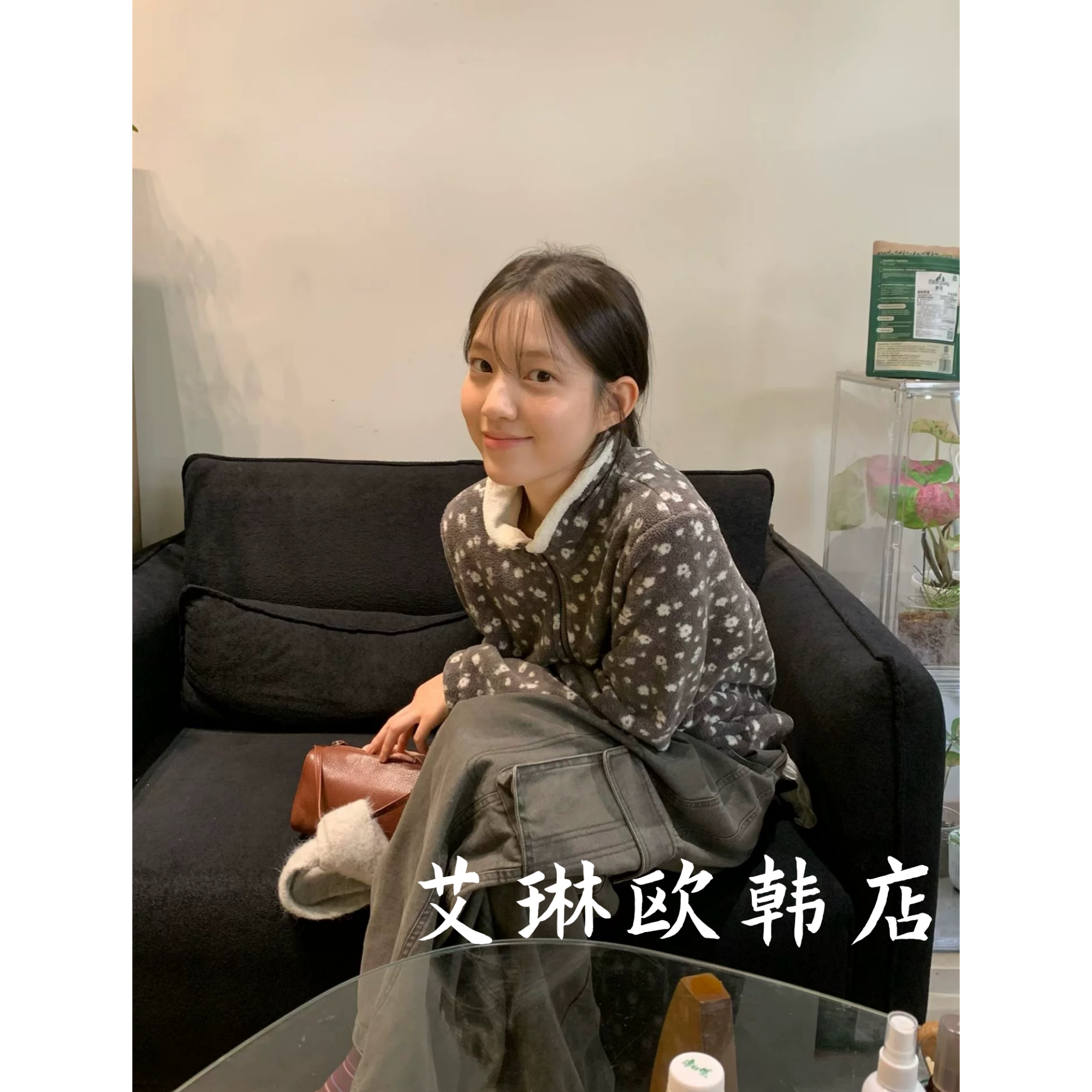 H.ONE正版6828~韩国宽松立领撞色花朵口袋印花摇粒绒抽绳短外套女