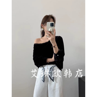 福利不退土布鱼6986斜肩蕾丝拼接一字领不规则修身丝绒长袖T恤