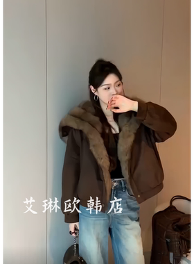 K5282/5293冬巴恩风麂皮绒狐狸毛大翻领90白鹅绒羽绒服女保暖外套