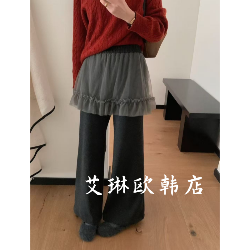 土布鱼7620冬款韩系蕾丝拼接网纱屁帘假两件加绒毛呢休闲微喇裤女,女装/女士精品,裤子,淘宝优惠券,粉丝福利购,淘宝优惠卷