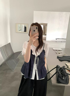 正品miluroom米鹿sicily8602-1苎麻假两件波点系带百搭短袖小衫
