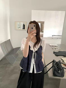 正品miluroom米鹿sicily8602-1苎麻假两件波点系带百搭短袖小衫
