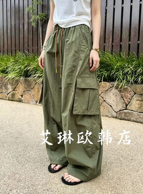 花9321南油欧货夏季款抽绳绿色松紧腰休闲百搭拖地裤速干工装裤女