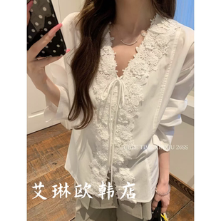 蕾丝绣花拼接系带气质V领衬衫 26001夏款 防晒上衣女 X.XIU新袖 3.21