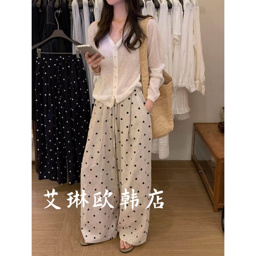 米鹿26013春款波点亚麻阔腿裤女