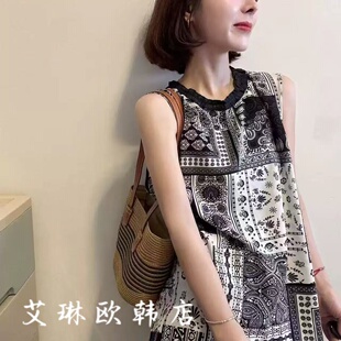 背心百搭衬衫 7.21福利 欧货木耳边圆领印花无袖 款 上衣女 8201夏季