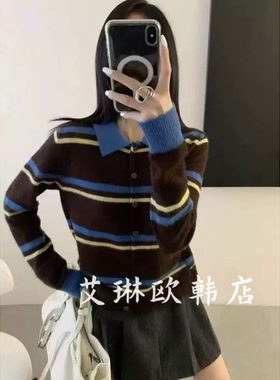 禁止机洗~5533欧货秋款polo领针织开衫百搭条纹100绵羊毛上衣女