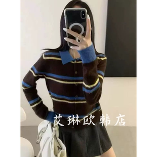 百搭条纹100绵羊毛上衣女 polo领针织开衫 禁止机洗 5533欧货秋款