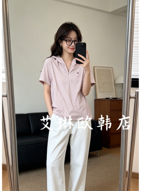 5.6~9006夏装新款欧货连帽半拉链速干O标宽松休闲显瘦短袖上衣女