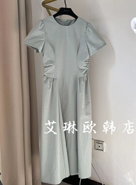 福利不退onetwo486418夏装新款韩系小众褶皱收腰温柔风短袖连衣裙