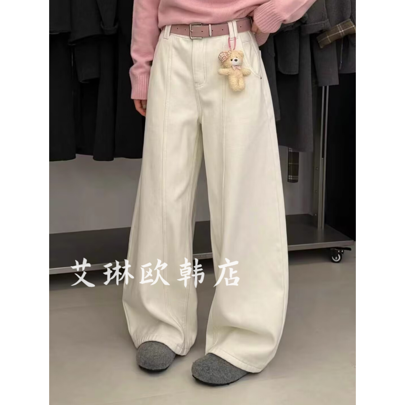 944欧货冬加绒配腰带牛仔裤小熊