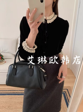 12.20~土布鱼7590冬款韩系拼接蕾丝木耳花边蝴蝶结丝绒衬衫上衣女