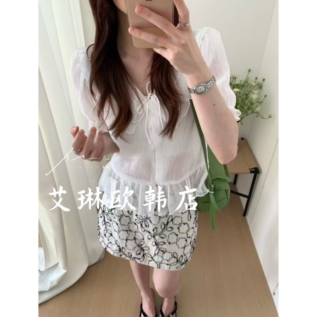 特价X.XIU新袖26036夏款法式双层荷叶领系带肌理感短袖衬衫女