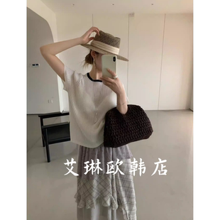 禁止机洗~卡蔓韩标260115夏韩系撞色圆领坑条纹羊毛短袖针织衫女