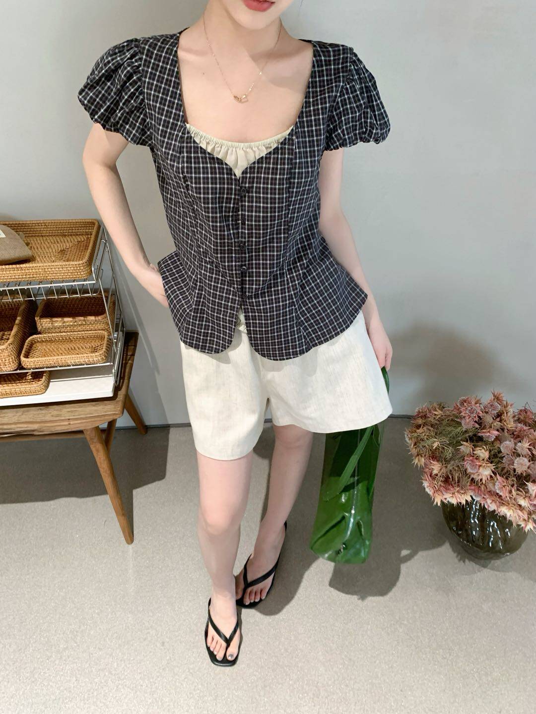 特价卡蔓QZX10976夏装新款复古风假两件格子短袖衬衫女收腰显瘦