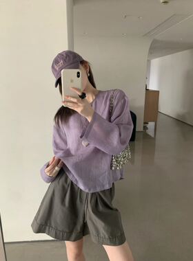 卡蔓OQQO616-1韩系极简前后两穿单排扣苎麻防晒衬衣女轻薄宽松
