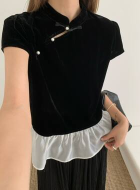 土布鱼8067夏新款中式复古显瘦薄款丝绒流行修身拼接短袖小衫上衣