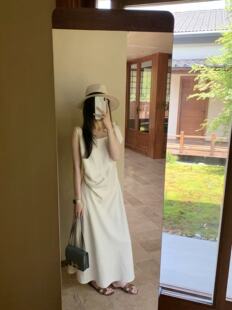 米鹿miluroom正品9021韩系显瘦方领蝴蝶结吊带中长款连衣裙礼服女
