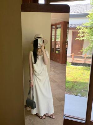 米鹿miluroom正品9021韩系显瘦方领蝴蝶结吊带中长款连衣裙礼服女