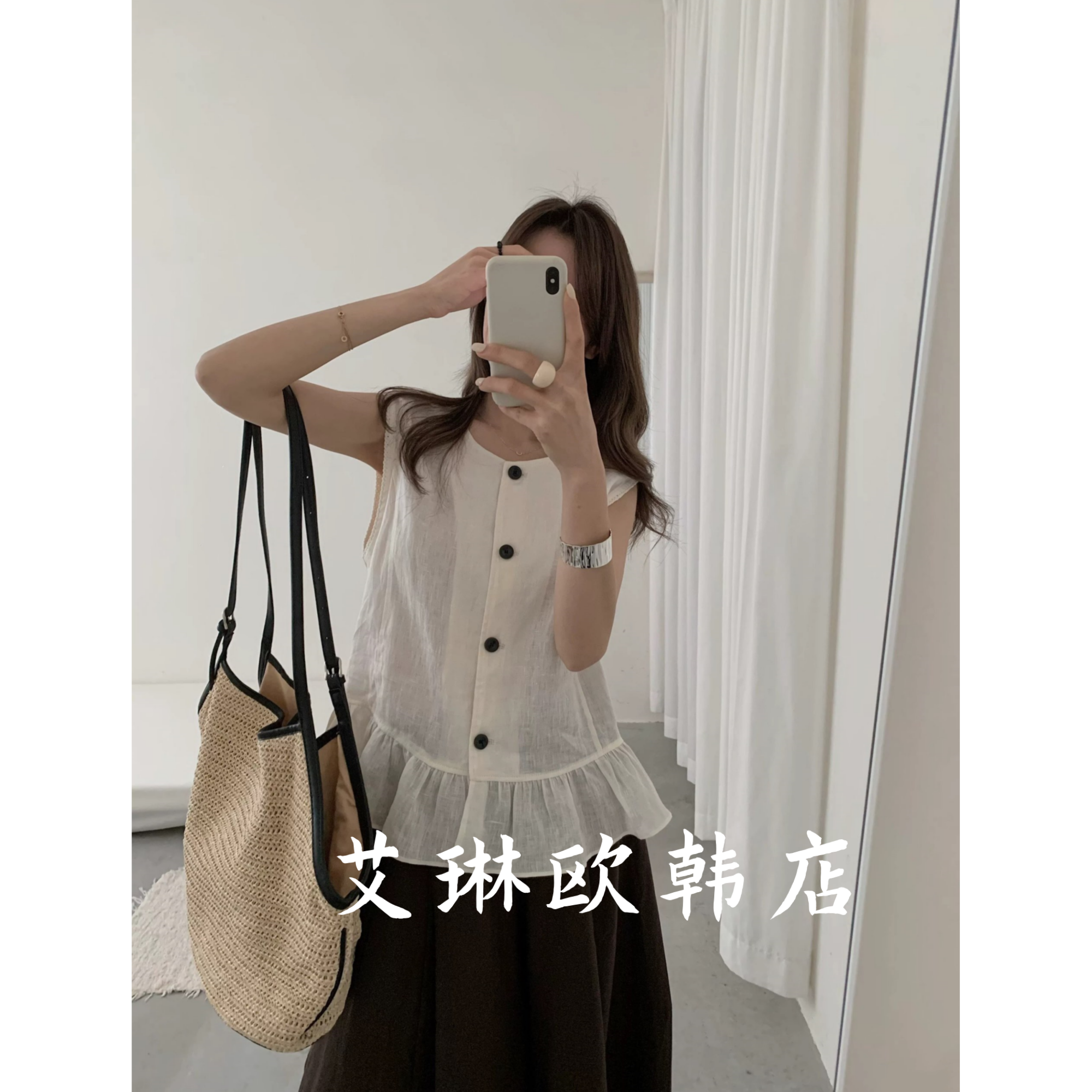 4.19~土布鱼7889夏装新款法式气质木耳边无袖亚麻衬衫上衣女