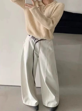 10.21~TOP83120-1冬款配腰带高腰显瘦抓绒直筒阔腿裤休闲长裤女