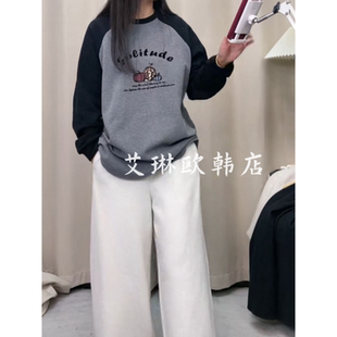 福利81292秋款韩系撞色插肩袖字母南瓜印花中长款T恤休闲卫衣女
