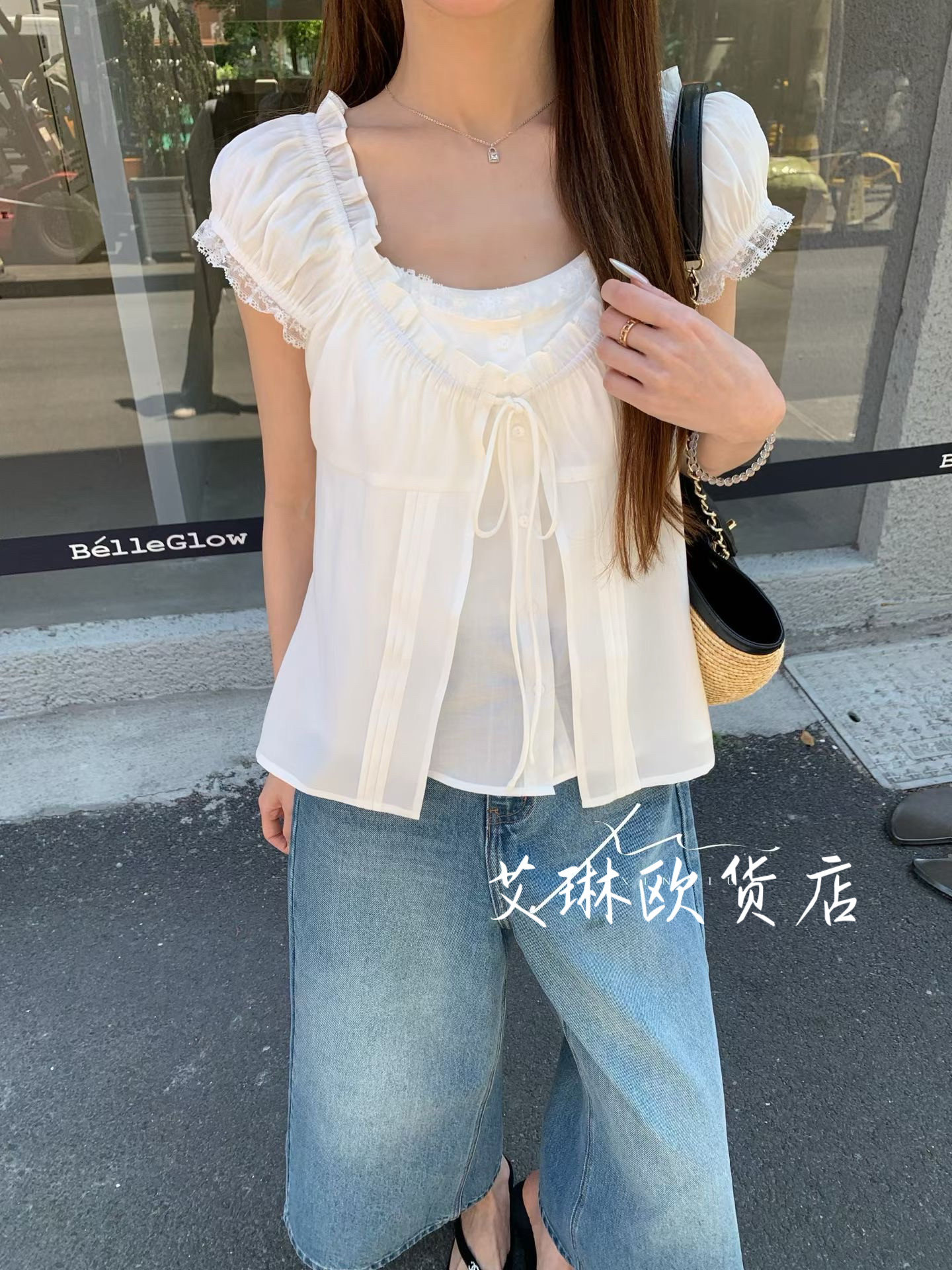 X.XIU新袖26086韩系夏款甜美拼接系带洋气百搭短袖衬衫女