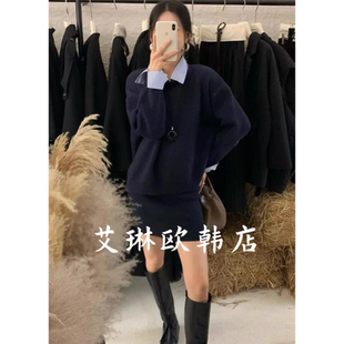 半身裙两件套女 领假两件针织羊毛衫 5561欧货冬款 可拆卸条纹衬衫