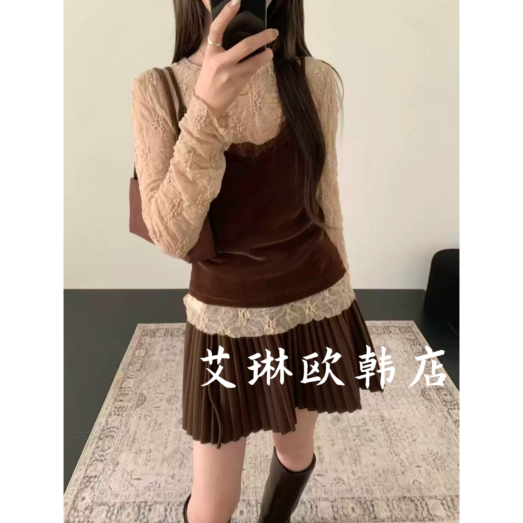 土布鱼8268秋款设计感韩系真两件套丝绒吊带加蕾丝打底长袖上衣